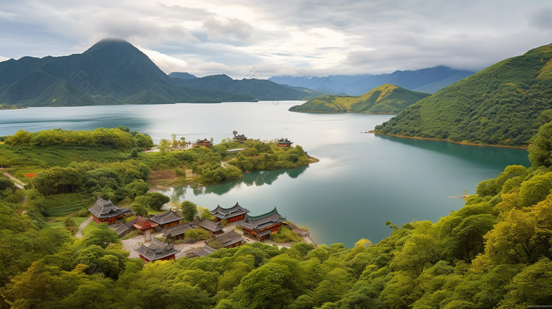 蓝天白云下山川美景与古老的建筑房子,高清,摄影图,摄影图片,图片大全,摄影图免费下载
